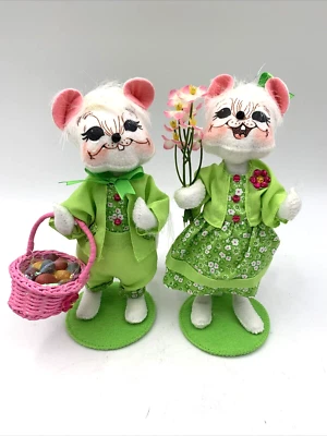 2009 Annalee 8”Easter Mice Boy with Easter Basket and Girl with Flowers Set of 2 - Image 1 of 4