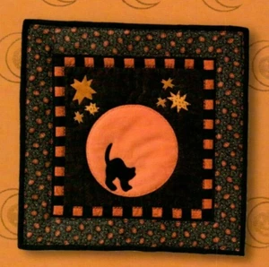 Pumpkin Moon Wall Quilt Pattern Orange w Black Cat Primitive Folk Art Halloween - Picture 1 of 2