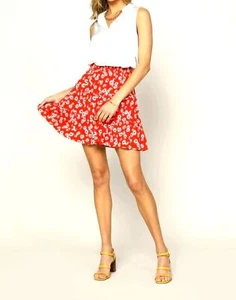 Skies Are Blue, A-line Mini Skirt, Flowy, Floral, Ruffled - Red & White, Medium - Picture 1 of 6