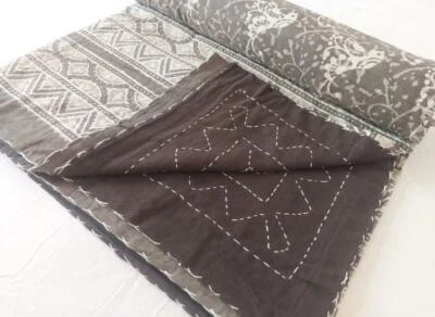 Queen Indian Handmade Quilt Vintage Kantha Bedspread Throw Cotton Blanket Gudri, - Image 1 of 3