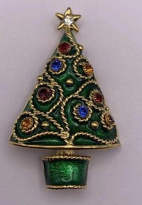 Broche de árbol de Navidad vintage Weingeroff esmalte verde soporte para pendientes de cristal Foto 1 de 4