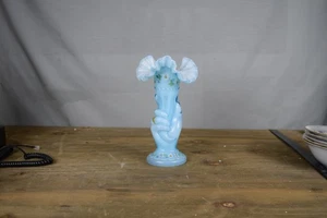 Fenton Hand Vase Blue Glass Ruffled Rim Daisies Forget-Me-Not Handpainted USA - Picture 1 of 16