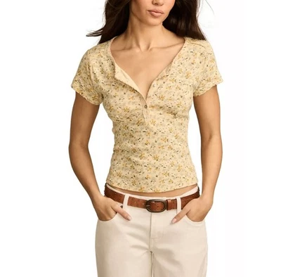 Lucky Brand Women’s Crochet Trim Short Sleeve Henley Top Yellow Floral Large NWT - Image 1 of 4