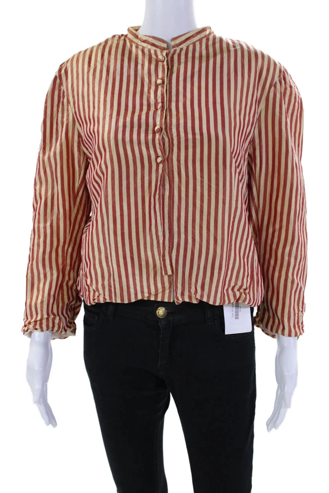 Hazel Brown 女式丝绸条纹长袖纽扣衬衫红色黄色 4 码 — 第 1/4 张图片