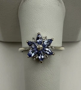Sterling Silver Ring Tanzanite With  Topaz Flower Design Size 9.25 - Picture 1 of 6