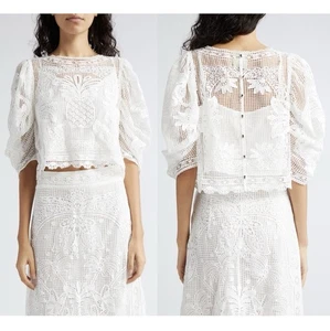 Farm Rio Guipure Spitze bauchfreies Oberteil Bluse Kurzarm weiß Large neu mit Etikett - Bild 1 von 20