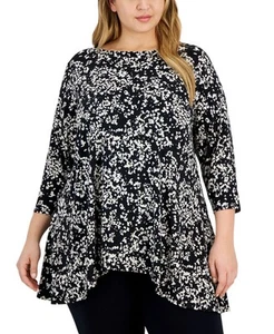 JM Collection Women's Plus Size Sea of Petals Swing Top (Deep Black, 2X) - Picture 1 of 2