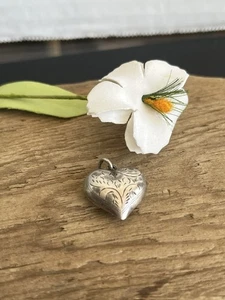 Antique Sterling Silver Puffy Heart Pendant Engraved Flower Design  - Picture 1 of 6