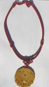 Vtg. Yellow Nephrite Jade Bat Ruyi Coin Knot Amulet Pendant Necklace - Picture 1 of 11