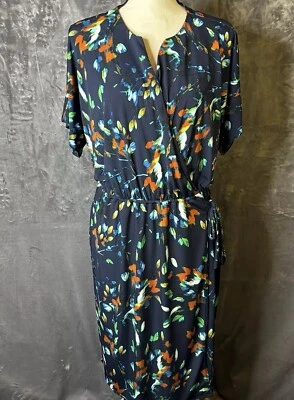 Kenneth Cole Dress Xl Floral Faux Wrap Blue Knee Length Flutter Sleeve NEW - Image 1 of 4
