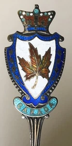 Antico cucchiaio souvenir argento sterling CANADA smalto corona foglia isola di St. Joe - Foto 1 di 5