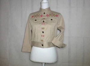 Women's Jones Wear Jeans Light Beige Jacket w Pink Flowers & 3/4 Sleeves Sz S - Picture 1 of 8