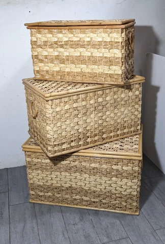Vintage Set of 3 Woven Wicker Cane Storage Chest/Trunk Basket Box Lid Boho Chic Cover