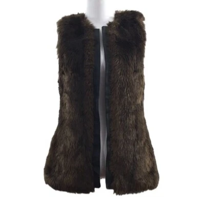 Sanctuary Clothing Brown Black Leather Trim Faux Fur Vest Jacket Womens Small - Image 1 of 4