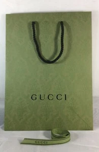 GUCCI Paper Shopping Gift Bag 13 3/4 X 10 X 5 1/2” Green + Ribbon Tie - NEW - Picture 1 of 2