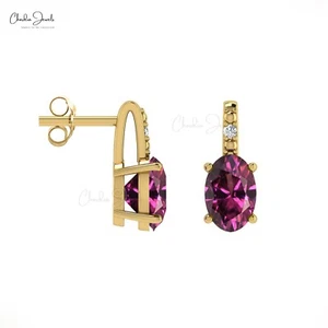 6x4mm Oval Rhodolite Garnet Earrings 14k Solid Gold Diamond Accent Pushback Stud - Picture 1 of 22