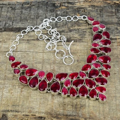 Red Ruby Lab-Created Gemstone Necklace 925 Sterling Silver Handmade Jewelry Gift - Image 1 of 4