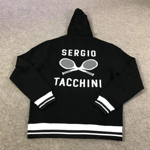Sergio Tacchini Hoodie Mens Small Black Retro Tennis Pullover Graphic Striped - Picture 1 of 13