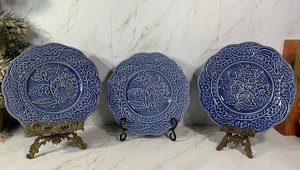 Vintage J. Wilfred Bordallo Pinheiro blau Blumen 9" Teller ~ 3er Set ~ überbacken  - Bild 1 von 13