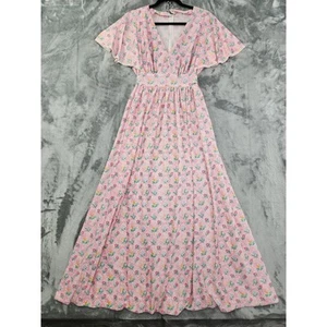 Vintage 70s Floral V-Neck Tie Waist Maxi Dress Size M Pink Short Flutter Sleeves - Picture 1 of 11