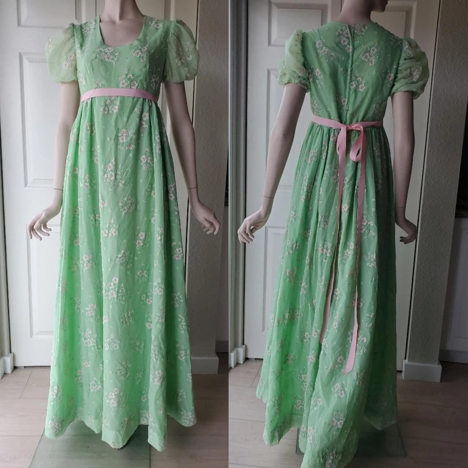 Maxi Vestido Vinatge Años 60 Hecho a Mano Verde Floral Línea A Manga Abullonada Foto 1 de 4