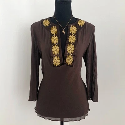 Top transparente bordado lentejuelas seda Y2K para mujer L hada oscuro boho caprichoso Foto 1 de 4