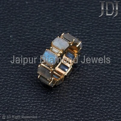 Anillo de eternidad banda de piedras preciosas de labradorita de diamantes baguette de oro amarillo sólido de 14 k Foto 1 de 4