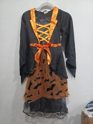 Niñas Vestido Bruja Iluminado Disfraz Negro Naranja Calavera Red Talla 10-12 Foto 1 de 4
