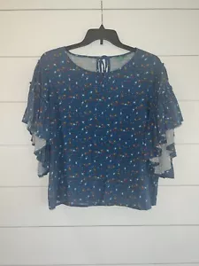 DIP Revival Women’s NWT XL Boho Floral Ruffle Sleeve Blouse Shirt Tie-back Blue - Picture 1 of 7