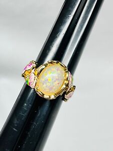 Sterling Silver Gold Tone Opal Enamel Flower Design and CZ Ring Size 9.5