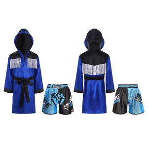 Kids Boys Boxing Outfits Metallic Satin Hooded Robe Cloak and Belt Shorts Set - Picture 1 of 85