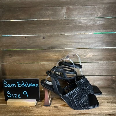 New NIB Womens Sam Edelman Candice Black Leather Leg Strap Heels Shoes Size 9 M - Image 1 of 4