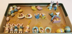 Vintage Miniature Wooden Easter Tree Ornaments Bunny Eggs Birds Lot of 32 - Picture 1 of 10