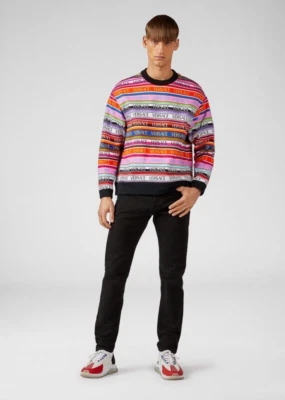 VERSACE Striped Logo Print Sweatshirt Sz S - Image 1 of 4