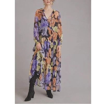 Anthropologie The Marais Printed Chiffon Maxi Dress Purple Floral XSP Sheer Boho - Image 1 of 4