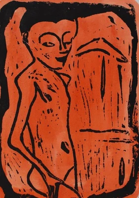 Farbholzschnitt Mädchenakt Expressionismus im Stil Heckel sign Wau 1967 - Bild 1 von 4