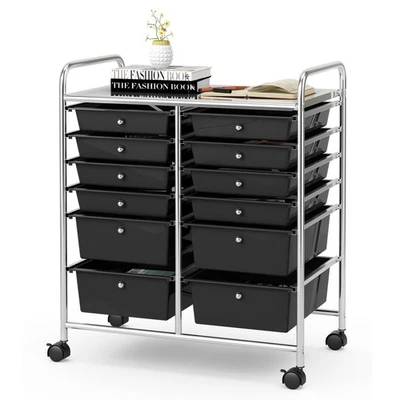 12 Drawers Rolling Cart Storage Scrapbook Paper Studio Organizer Bins Black - Image 1 of 4