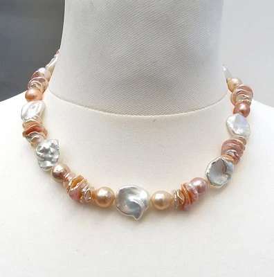 Keshi  Perlenkette mit Süßwasserperlen rund Unikat Collier handgefertigt 5687 - Bild 1 von 4