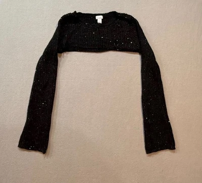 🖤 West of Melrose Y2K Glam Black Sequin Knit Bolero Shrug Cropped Sweater S - Image 1 of 4
