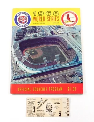 1968 World Series Program Tigers vs Cardinals Scored with Game 3 Ticket Nm - Image 1 of 4