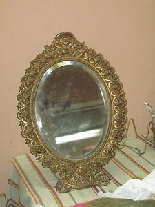 Vintage Antique Gold Gilt Metal Iron Rococo Ornate Table Beveled Mirror 13"x18" - Picture 1 of 11