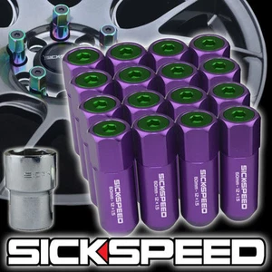 SICKSPEED 16 PC PURPLE/GREEN CAPS ALUMINUM 60MM LOCKING LUG NUTS 12X1.5 N16 - Picture 1 of 1