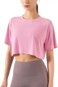 Women's Fitness Workout Crop Tops Short Sleeve Yoga T-Shirts Small, Pink - Picture 1 of 5