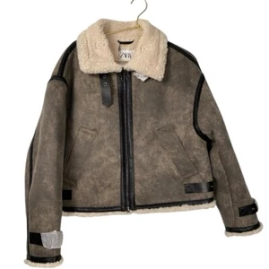 Zara Shearling Double Sided Jacket Brown Made Flight Style Size S WP651 - Picture 1 of 10