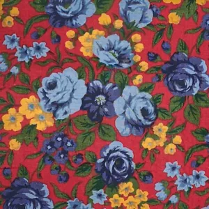 1 1/2 yds Vtg Marcus Brothers Textiles Blue Rose Floral Red Yellow Cotton Fabric - Picture 1 of 4