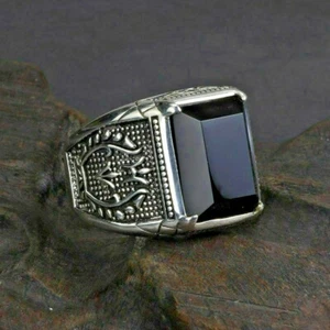 HERREN RING STERLINGSILBER 925 SCHWARZER ONYX GESCHAFFENER STEIN VINTAGE STIL TOP - Bild 1 von 11