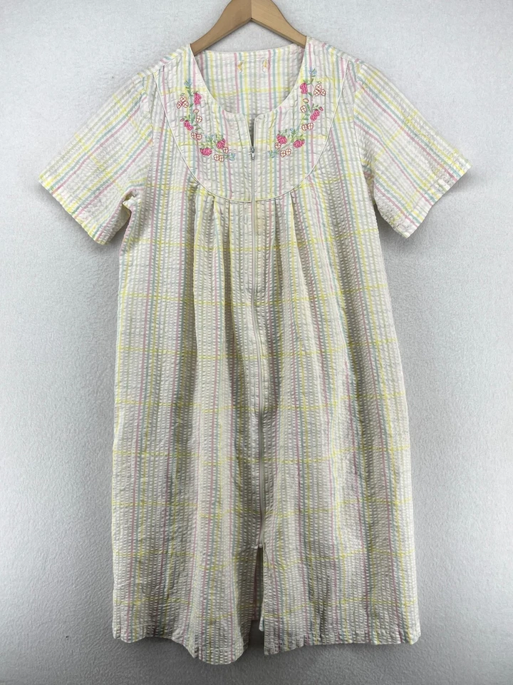 Camisón BARBIZON S Seersucker Rayas Cremallera Frontal Casa Vestido Salón Verde De Colección Foto 1 de 4