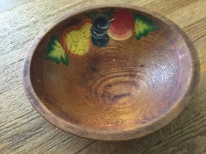 Rustic Vintage Farmhouse Hand Painted Footed Wooden Bowl Fruit Motif - Picture 1 of 8
