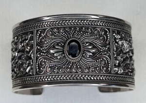 Ornate Sterling Silver Bali Wide Cuff Bracelet w/ Detailed Trim and Garnet EUC - Picture 1 of 10