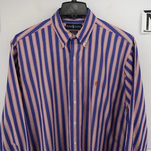 Polo Ralph Lauren Button Down Dress Shirt Size 17 34/35 XLT Blue Orange Striped - Picture 1 of 8